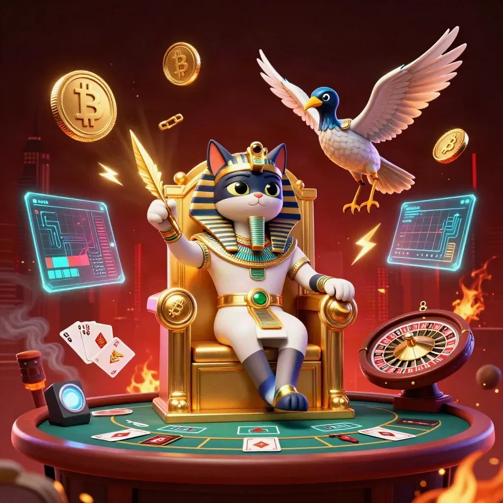 Golden pharaoh cat, ibis scribe, and scarabs amid casino lights and crypto symbols