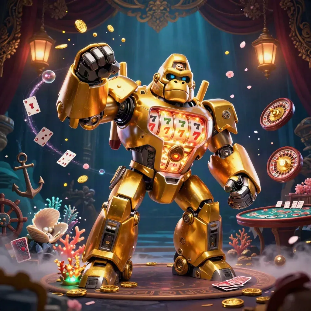 Golden gorilla mech in a treasure cove with reels, coins, coral, and casino relics.