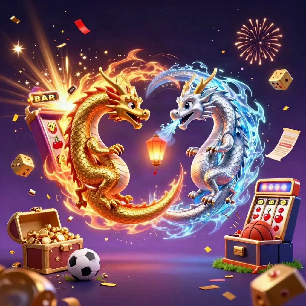Gold and silver dragons spiral through casino magic with slot symbols, balls, dice, and sparkles.
