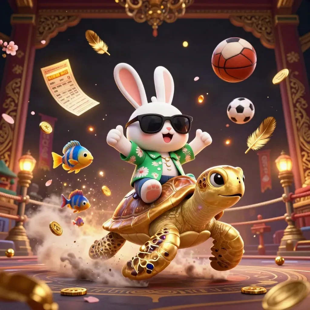 Rabbit on golden turtle amid sports balls, casino glow, coins, temple gate, and petals.