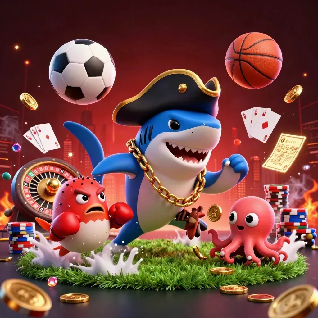 Pirate shark, pufferfish, and octopus amid flying coins, balls, chips, and casino lights.
