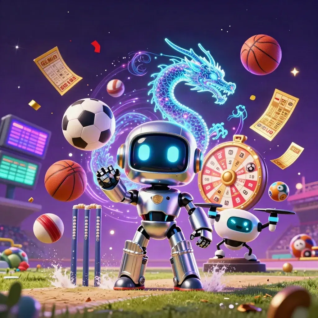 Cyberpunk robot, holographic dragon and coin drone amid neon jackpot sports chaos and fireworks.