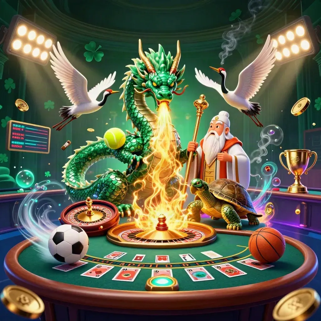 Emerald dragon, turtle sage, and cranes in a luxe casino room with gold fire, coins, and glowing sports props.