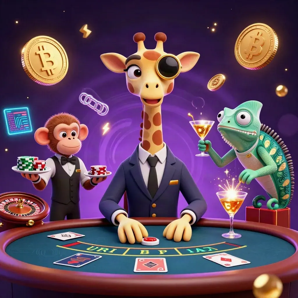 Giraffe high roller, monkey valet, and chameleon bartender in a luxe casino scene with glowing crypto effects.