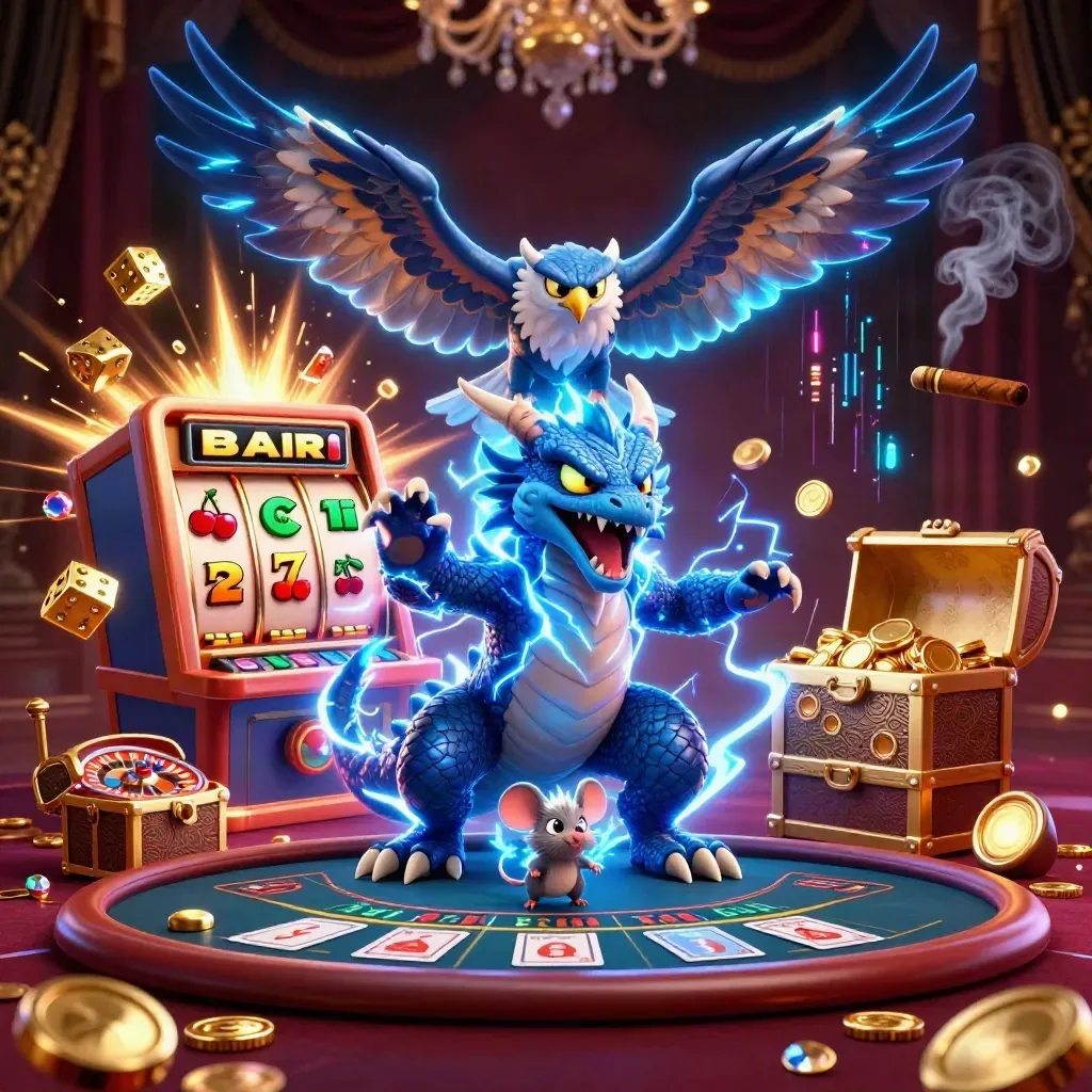 Dragon, hawk and mouse amid jackpot slot burst, gold, roulette wheel and casino glow.