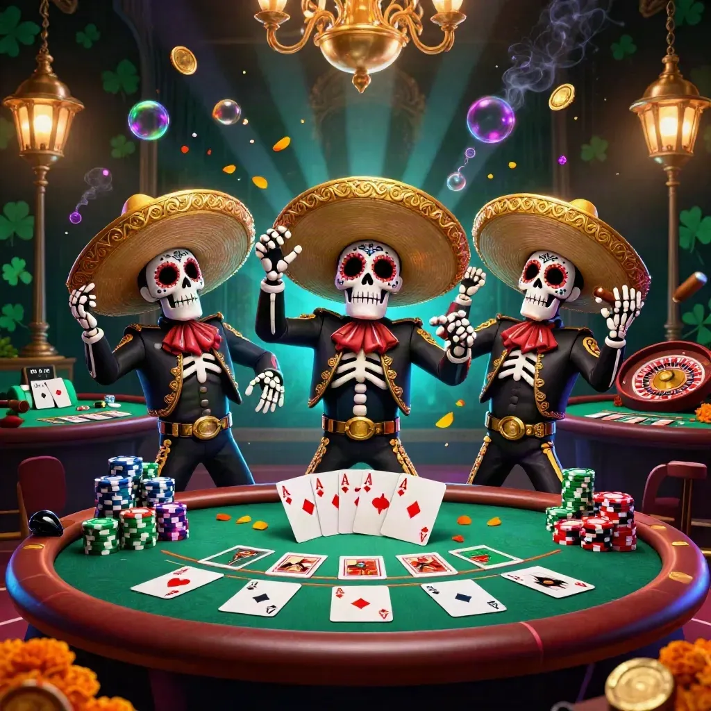 Skeleton mariachi trio amid glowing casino props in emerald and gold
