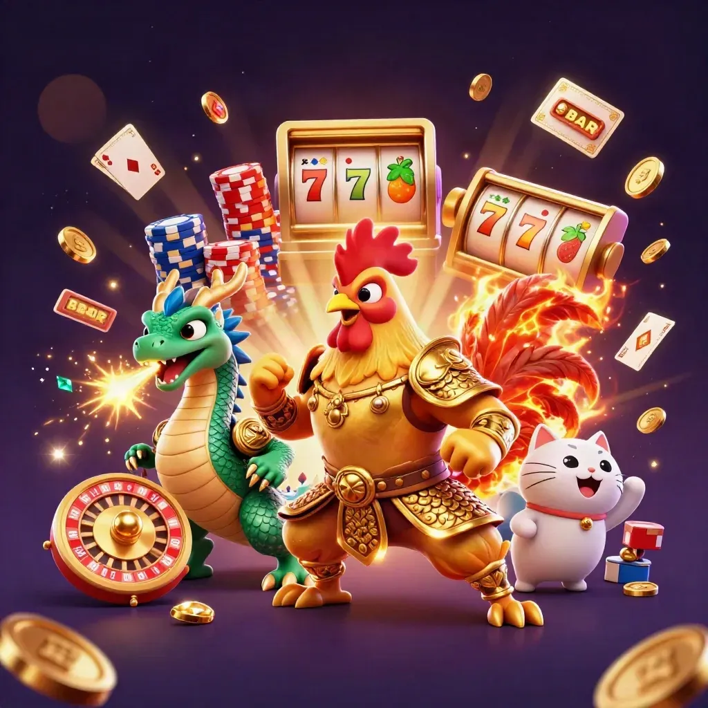 Rooster samurai, dragon hatchling, and lucky cat amid coins, chips, cards, and a spinning wheel.