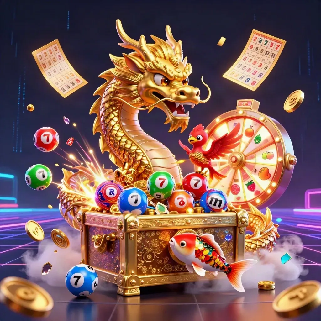 Golden dragon, phoenix, koi, treasure, lottery balls, prize wheel, and neon casino effects in a dark sci-fi glow.
