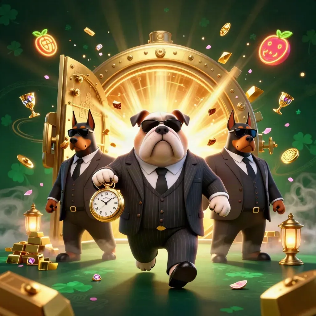 Bulldog boss and two Dobermans before a vault blast with gold, gems, petals, and green-gold casino glow.