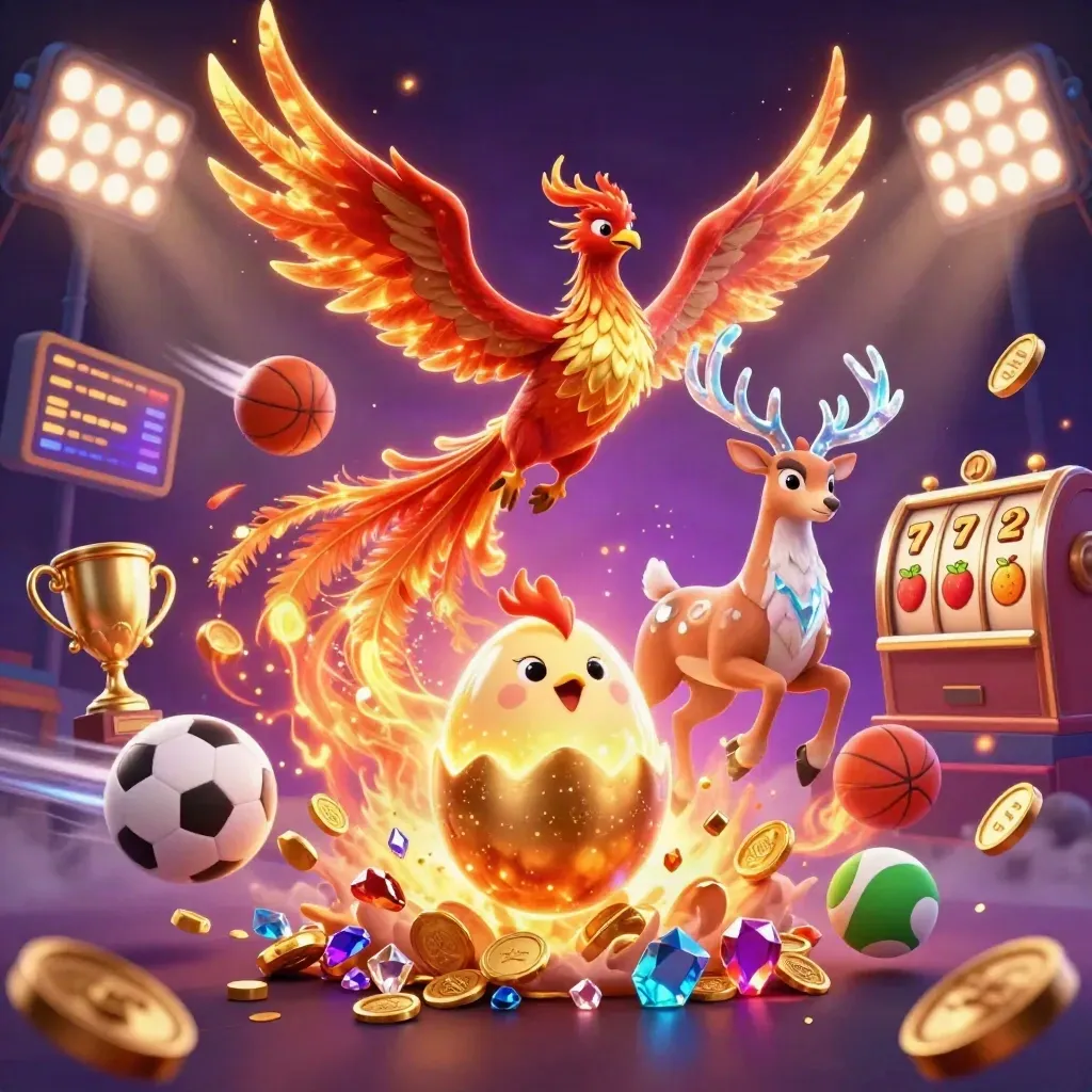 Phoenix, hatching egg, and crystalline stag amid coins, balls, trophies, and casino glow.