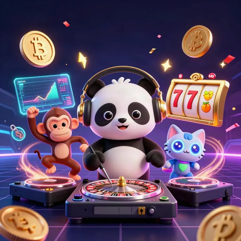 DJ panda, breakdancing monkey, and glow-stick kitten amid coins, lightning, and neon casino energy