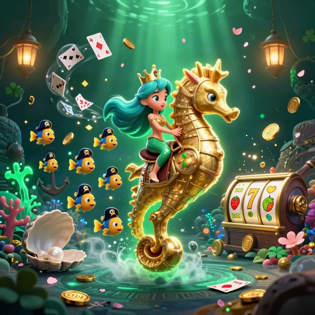Mermaid princess on an armored seahorse amid pirate fish, coins, coral, and emerald casino glow.
