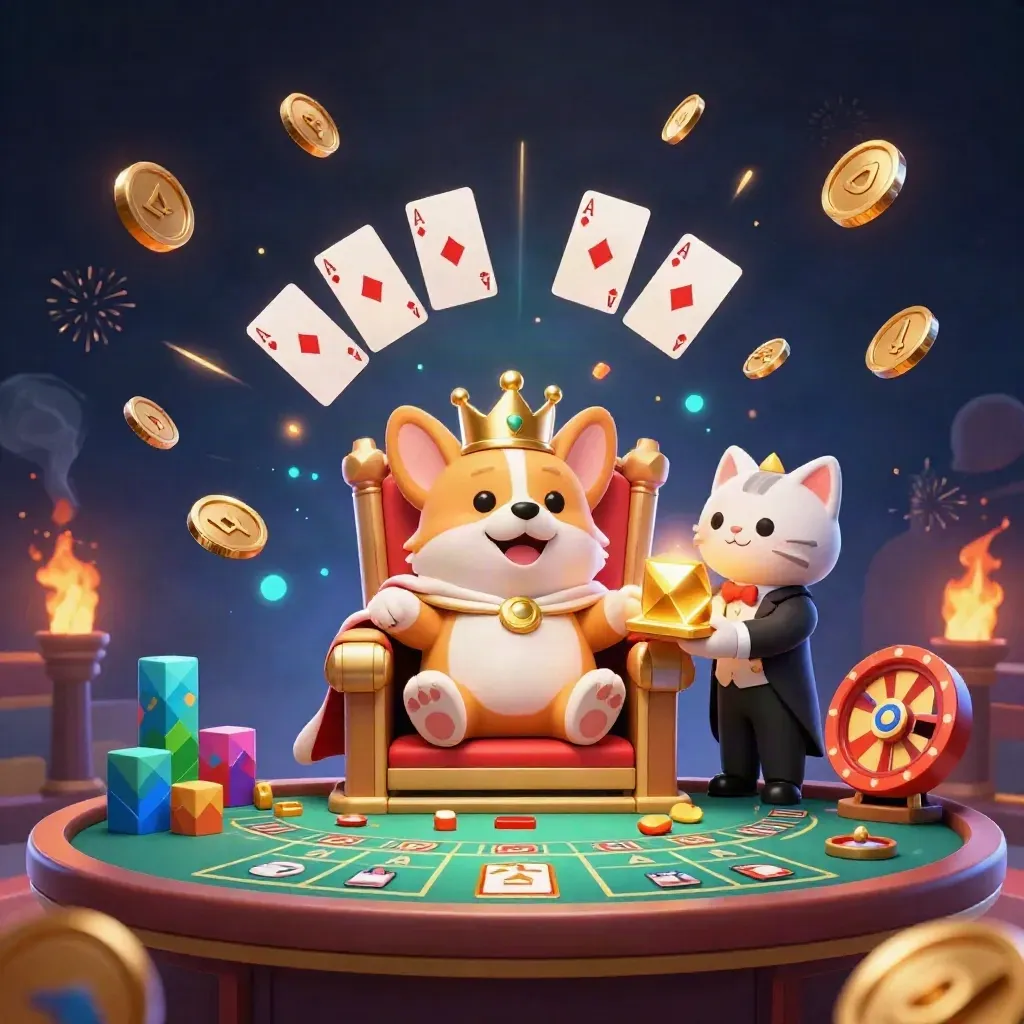 Royal corgi king and cat butler amid chips, aces, coins, roulette wheel, and casino fireworks.