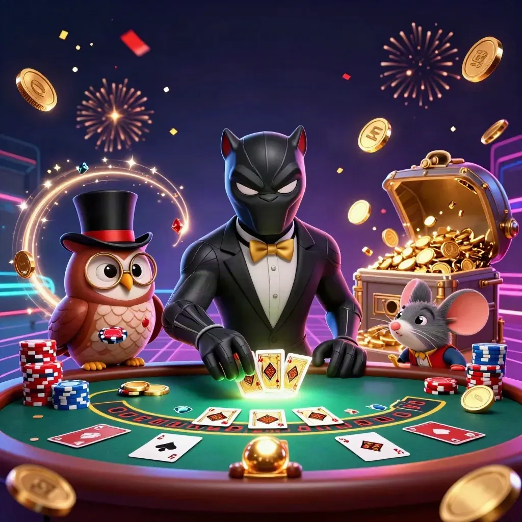 Panther, owl, and mouse celebrate amid coins, cards, chips, fireworks, and a glowing roulette wheel.