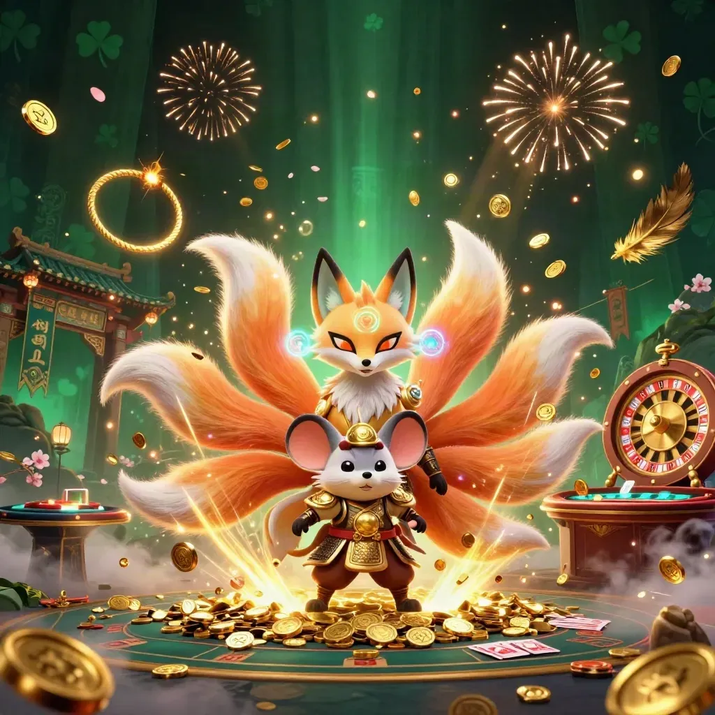 Neon fox spirit and armored mouse amid coins, temple gate, roulette wheel, and casino magic.