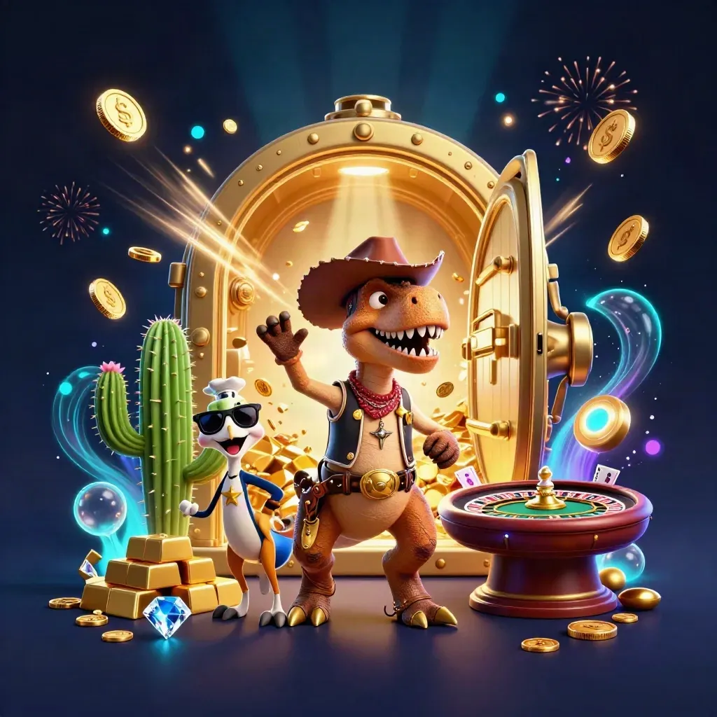 Cowboy T-Rex, cactus sidekick and sheriff roadrunner amid vault burst, coins, gems and casino glow.