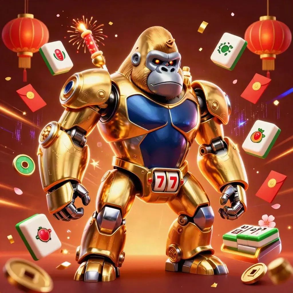 Golden gorilla mech with a tiny monkey pilot, casino symbols, and neon energy on a dark ember background.