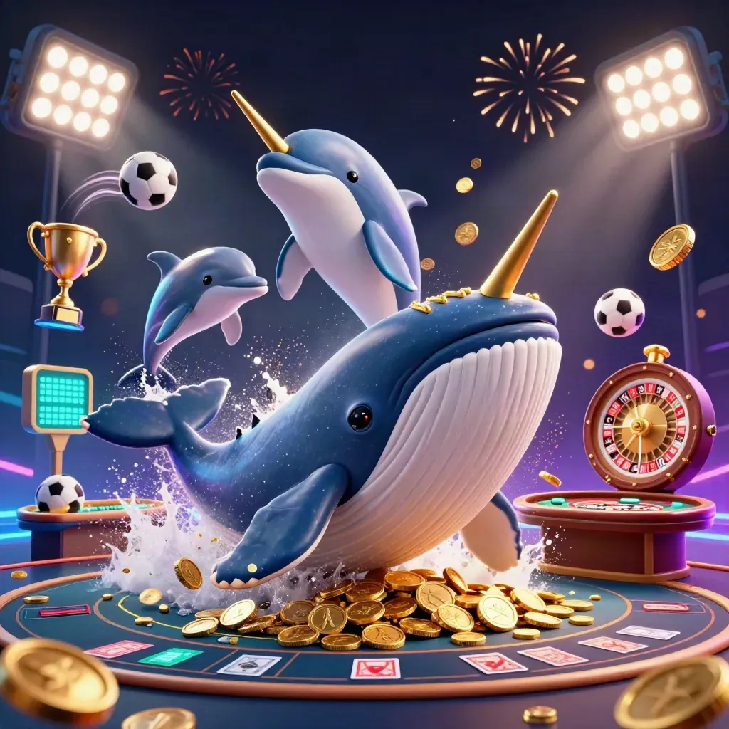 Whale captain, narwhal, and dolphins burst through coins with casino and sports symbols