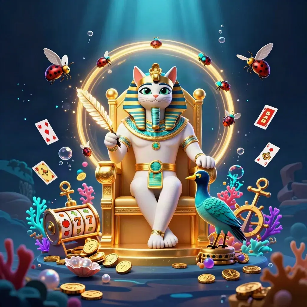 Pharaoh cat on a gold throne with ibis scribe, scarabs, treasure cove glow, and casino symbols.