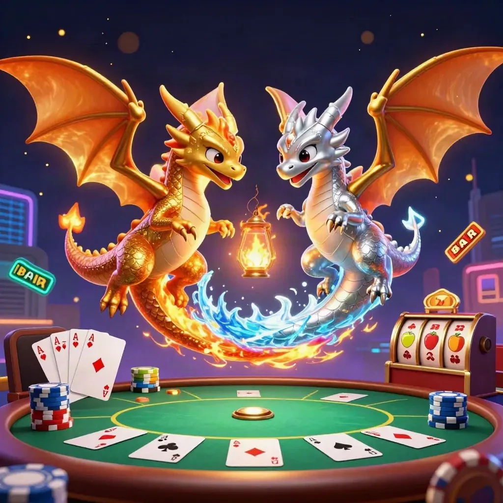 Gold and silver dragons spiral around casino chips, cards, slots and a tiny lantern spirit.