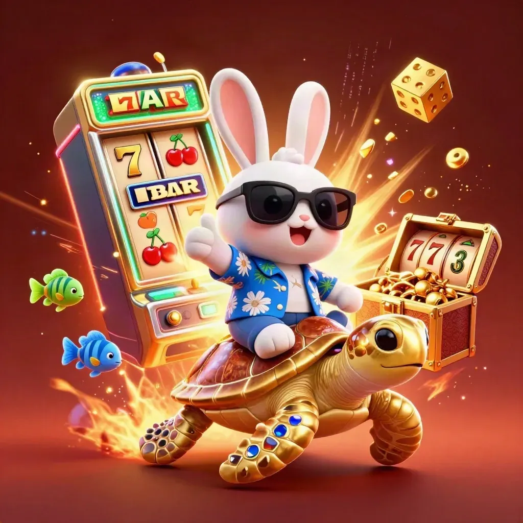 Lucky rabbit rides a gem-shell turtle as slot symbols burst in neon casino light.