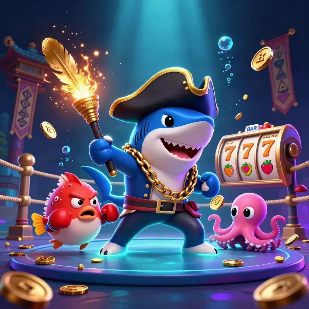 Pirate shark, boxing pufferfish, and coin-juggling octopus amid casino relics and glowing effects.