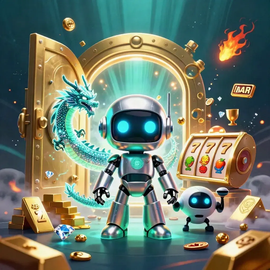 Chrome robot, holographic dragon, and coin drone amid a bursting gold vault in a dark casino glow.